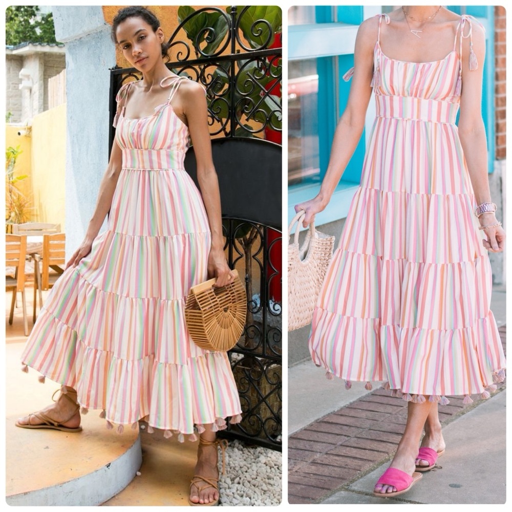 CHICWISH NWT Rainbow Striped Summer Ribbon Tassel Straps Tiered Large Maxi Dress
